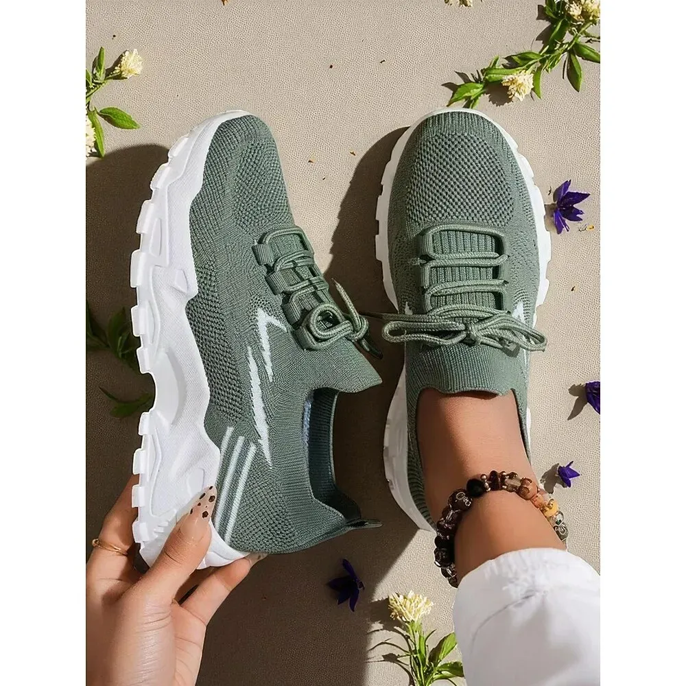Women's Green Flyknit Lace Up Sneakers - Image 3
