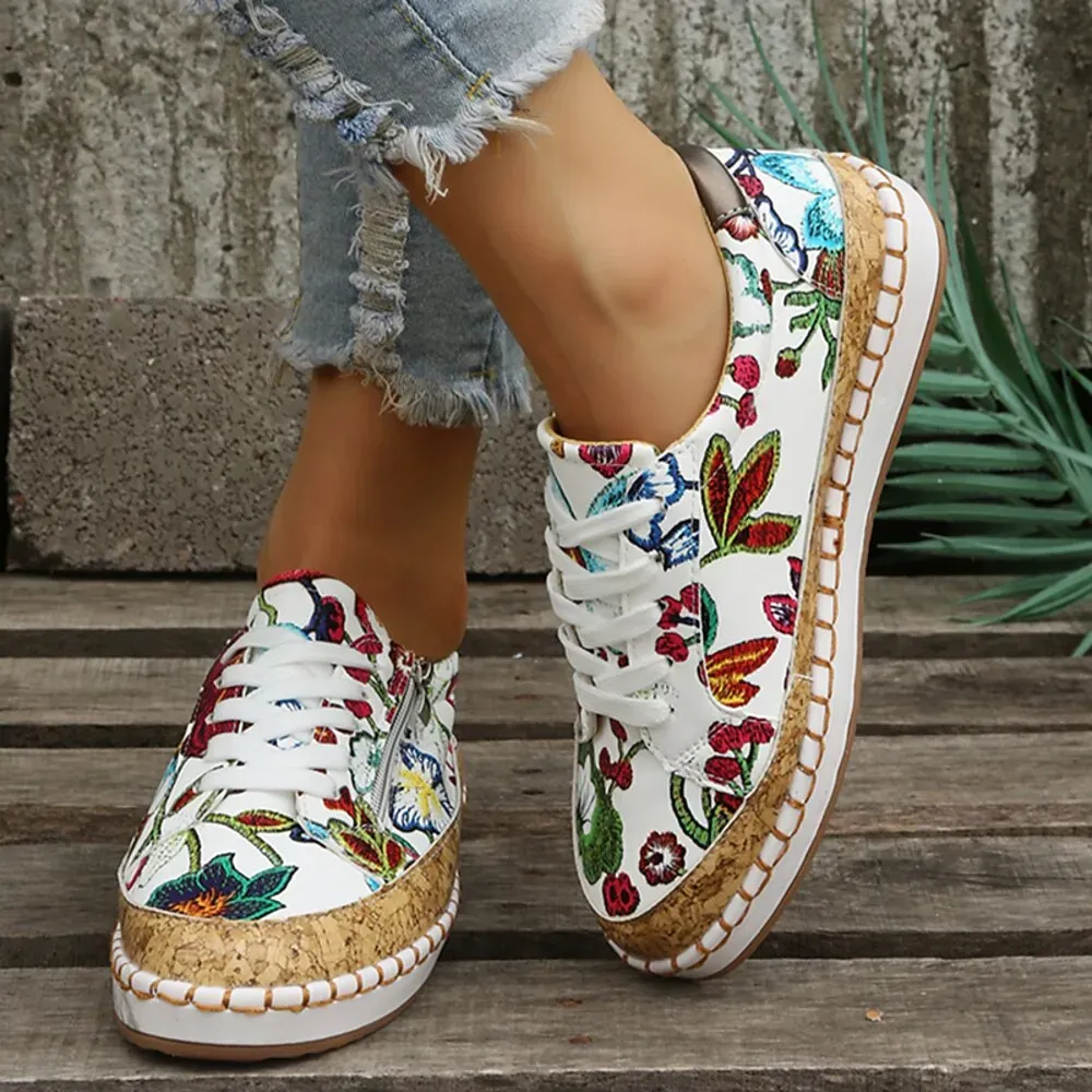 Women's Floral Print Canvas Sneakers with Cork Trim