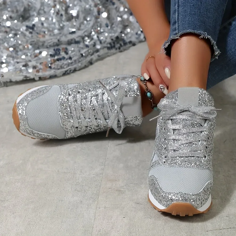 Women's Silver Glitter Sneakers Mesh Lace-Up with Comfortable Sole - Image 5