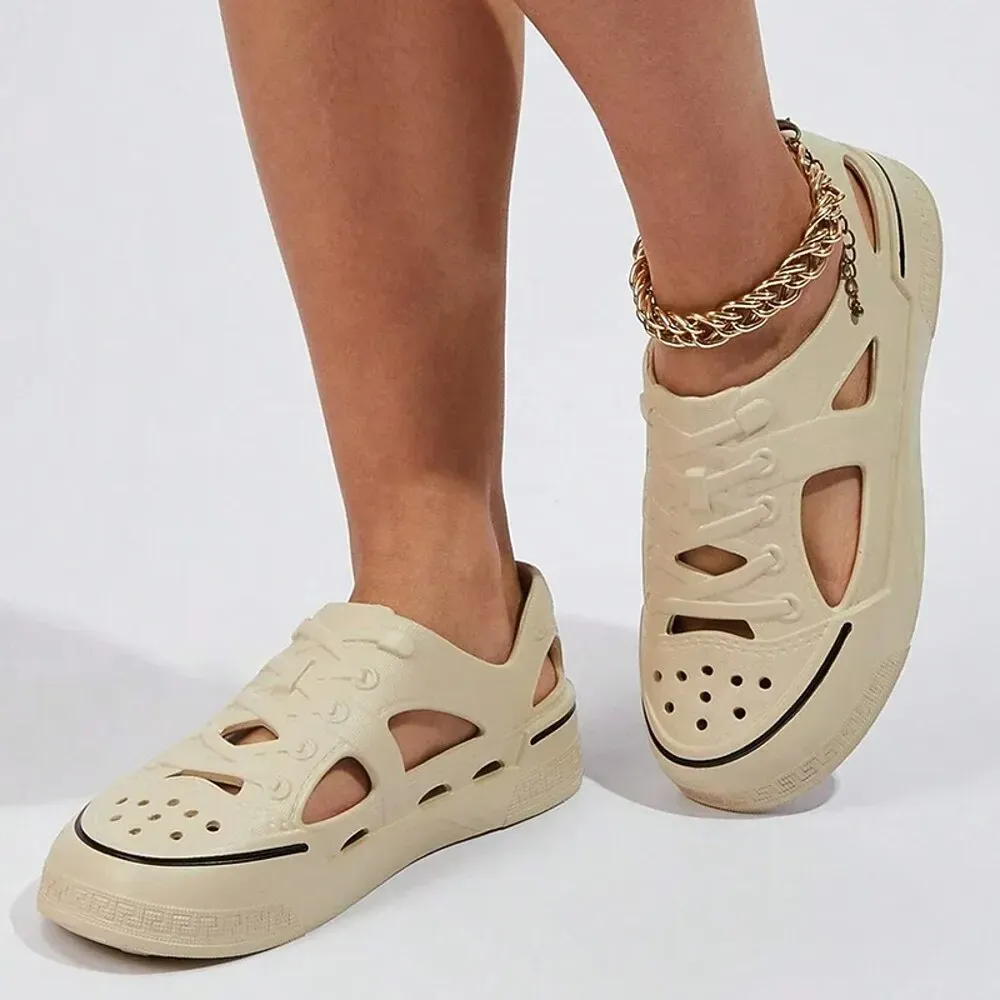 Women's White Slip-On Hollow-Out Sneakers with Lace-Up Design - Image 7
