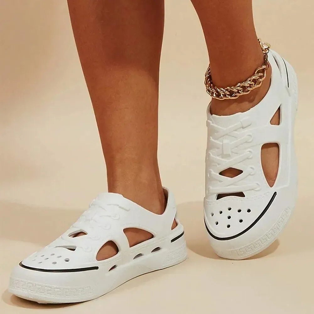 Women's White Slip-On Hollow-Out Sneakers with Lace-Up Design - Image 2