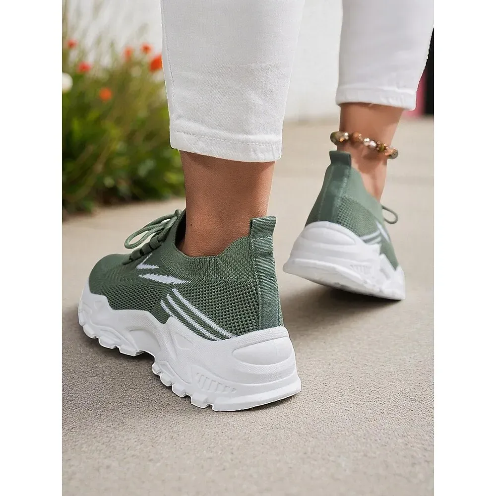 Women's Green Flyknit Lace Up Sneakers - Image 4