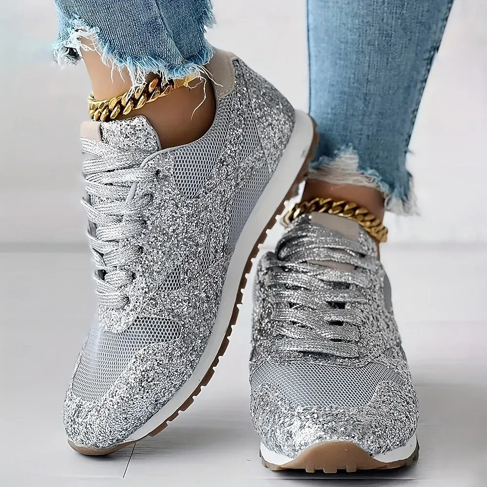 Women's Silver Glitter Sneakers Mesh Lace-Up with Comfortable Sole - Image 4