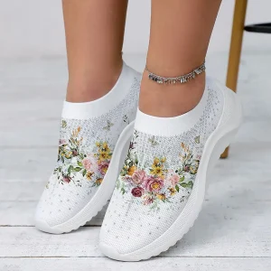 Women's White Floral Knit Slip-On Sneakers
