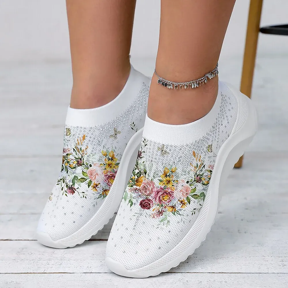 Women's White Floral Knit Slip-On Sneakers