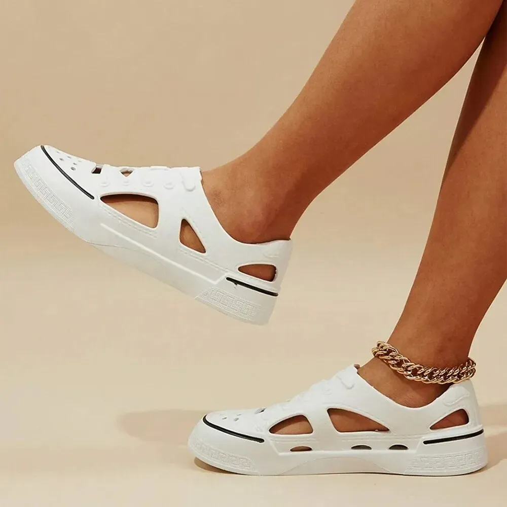 Women's White Slip-On Hollow-Out Sneakers with Lace-Up Design - Image 6