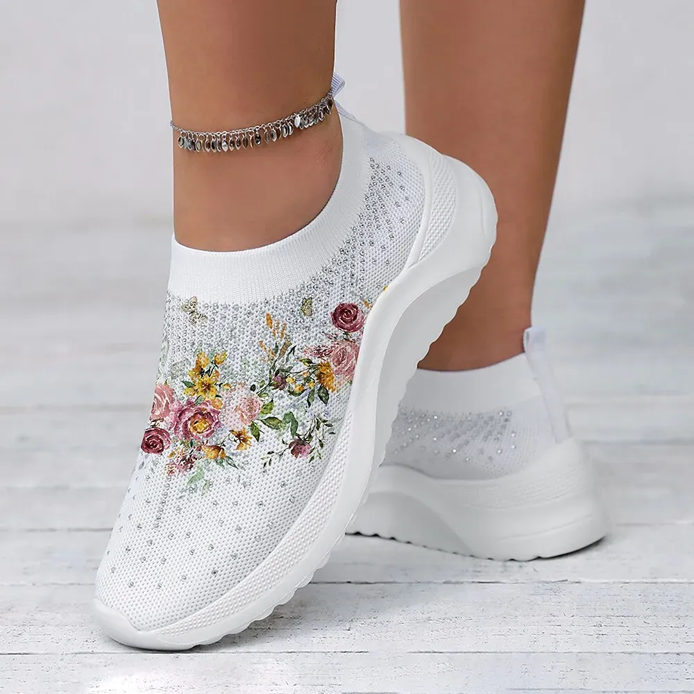 Women's White Floral Knit Slip-On Sneakers - Image 3