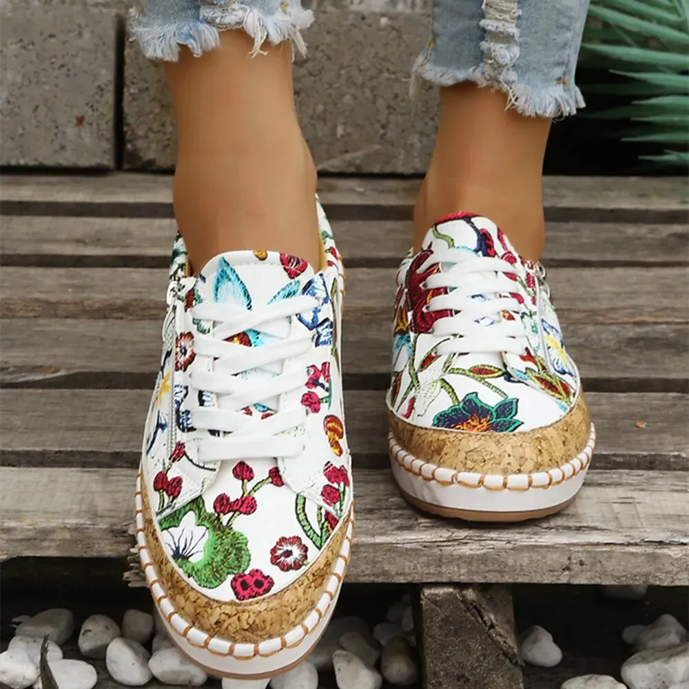Women's Floral Print Canvas Sneakers with Cork Trim - Image 3