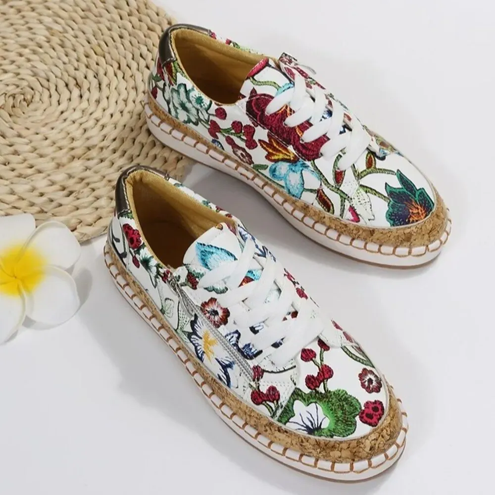 Women's Floral Print Canvas Sneakers with Cork Trim - Image 4