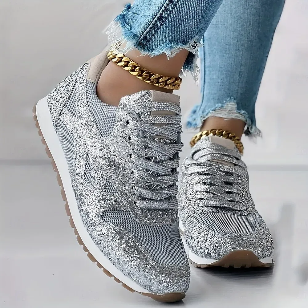 Women's Silver Glitter Sneakers Mesh Lace-Up with Comfortable Sole - Image 2