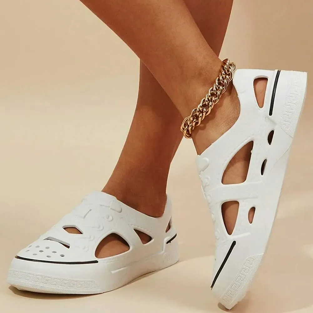 Women's White Slip-On Hollow-Out Sneakers with Lace-Up Design - Image 4