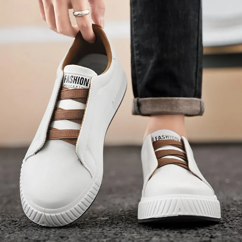 Men's Modern White Casual Sneakers with Brown Contrast Straps - Image 2