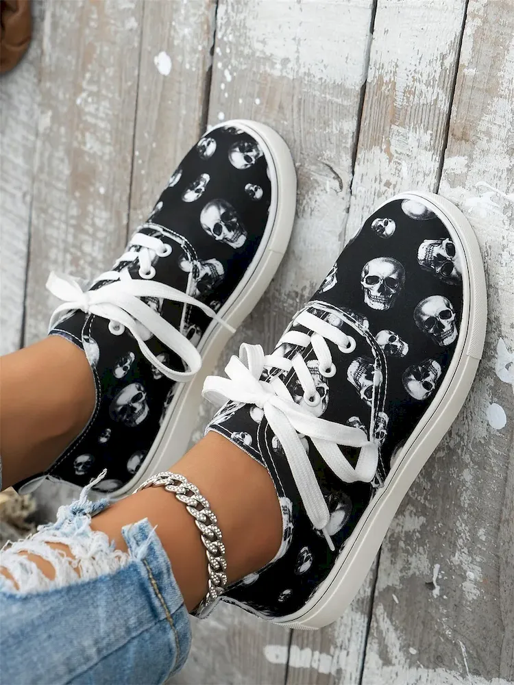 Women's Skull Print Lace-Up Sneakers - Image 2