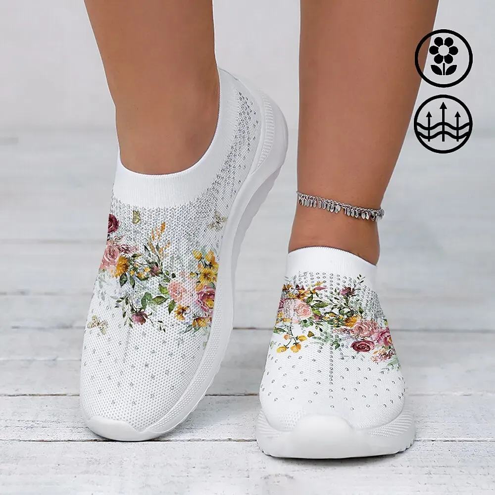 Women's White Floral Knit Slip-On Sneakers - Image 2