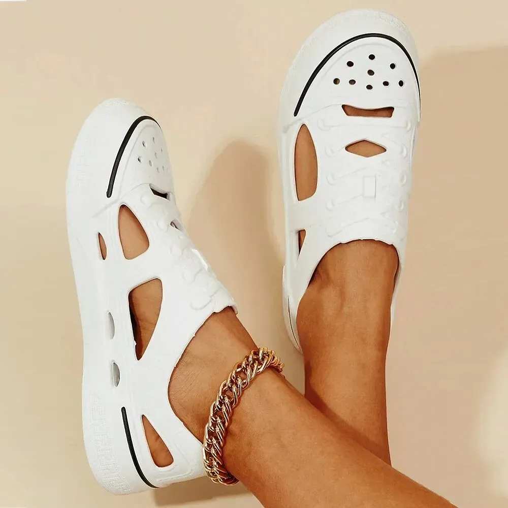 Women's White Slip-On Hollow-Out Sneakers with Lace-Up Design - Image 5