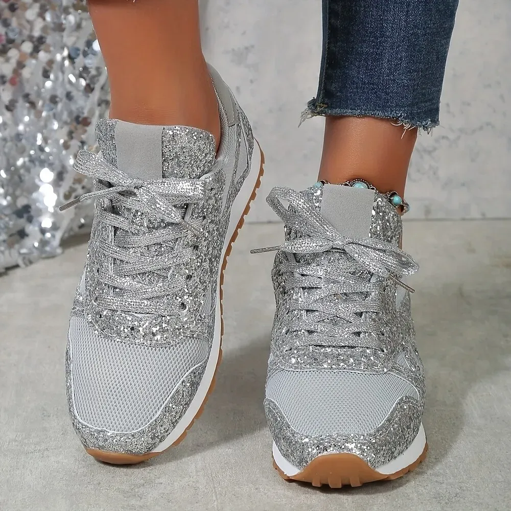 Women's Silver Glitter Sneakers Mesh Lace-Up with Comfortable Sole - Image 6