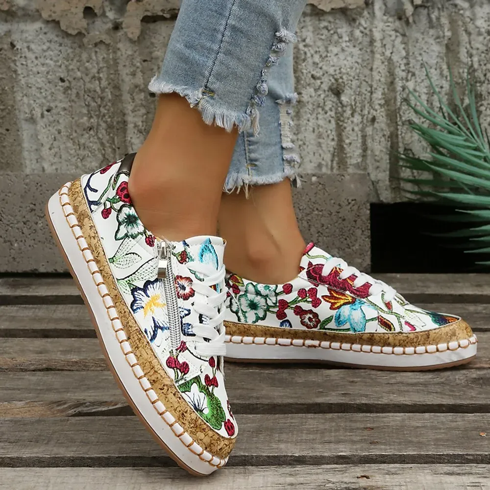 Women's Floral Print Canvas Sneakers with Cork Trim - Image 2